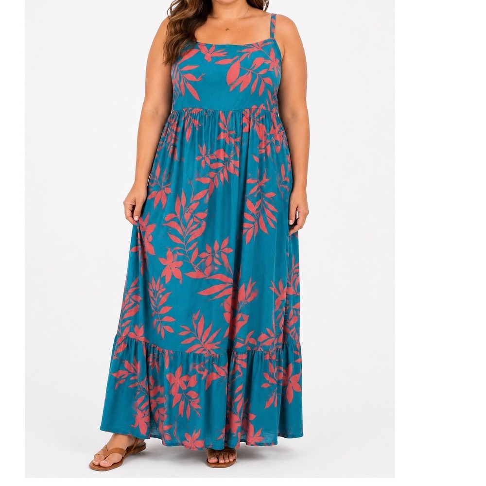 Old Navy Teal Pink Leaf Print Cami Maxi Dress Smocked Back 3X Plus Tiered Boho